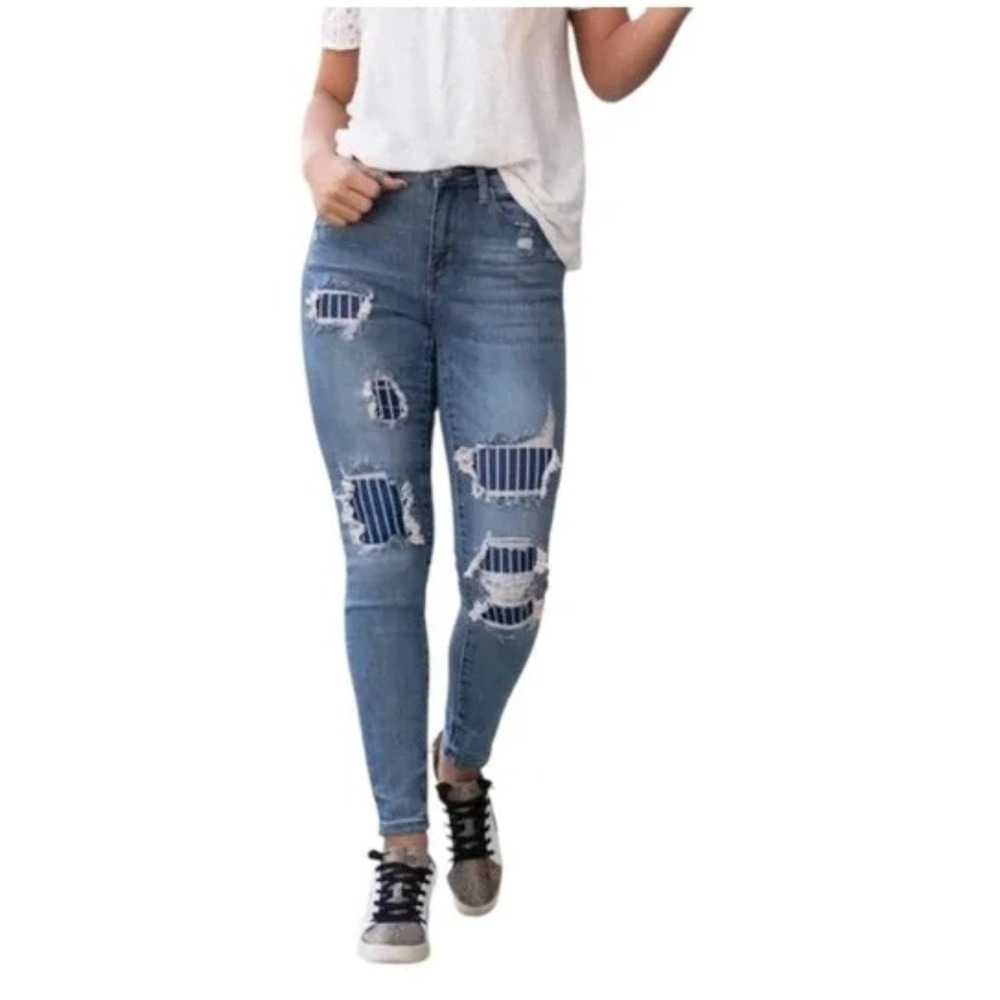 Judy Blue Pinstripe Patch Jeans Size 13/31 High Rise Medium‎ Wash Skinny JB88181